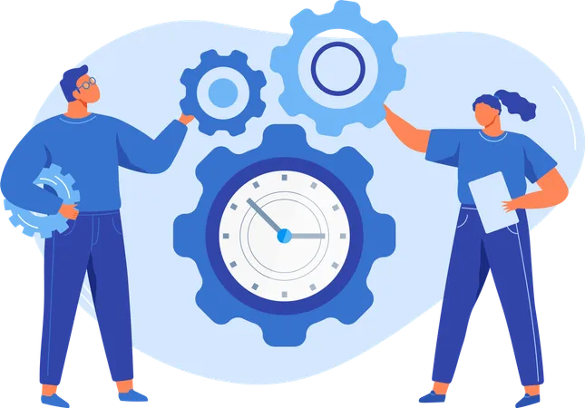 Project Team With Gears Working Process Searching For Ideas And Solutions Business Processes Running Startup Work Motion Concept People Stand Near Gear With Clock As Symbol Of Time Management Illustration