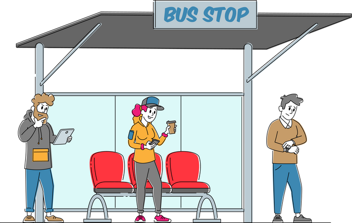People Stand on Bus Station  Illustration