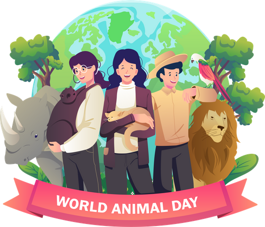 People stand with animals on world animal day Illustration