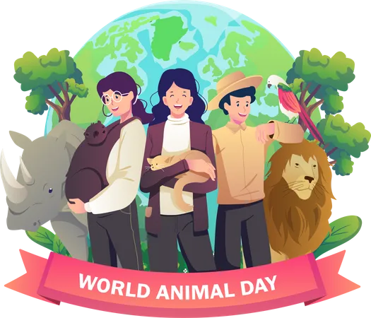 People stand with animals on world animal day  Illustration