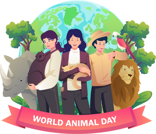 People stand with animals on world animal day  Illustration