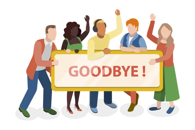 People standing and holding Goodbye banner  Illustration