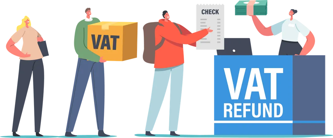 People Standing at Airport Value Added Tax Refund Counter  Illustration