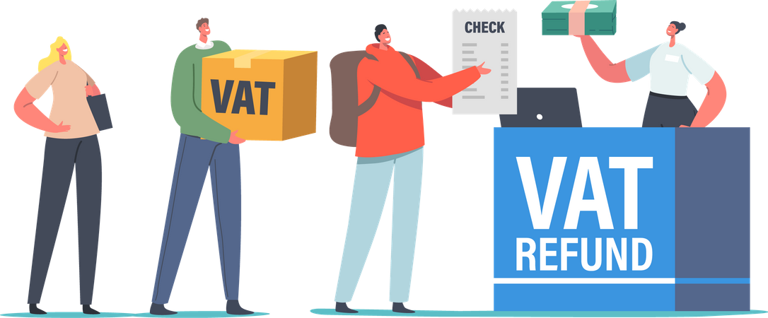 People Standing at Airport Value Added Tax Refund Counter  Illustration