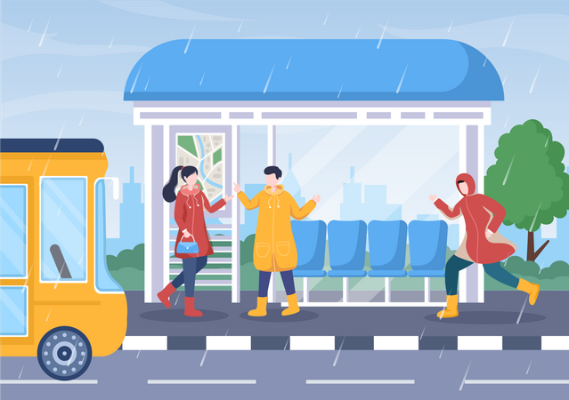 People standing at bus stand  Illustration