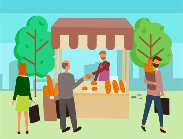 People standing at food stall  Illustration