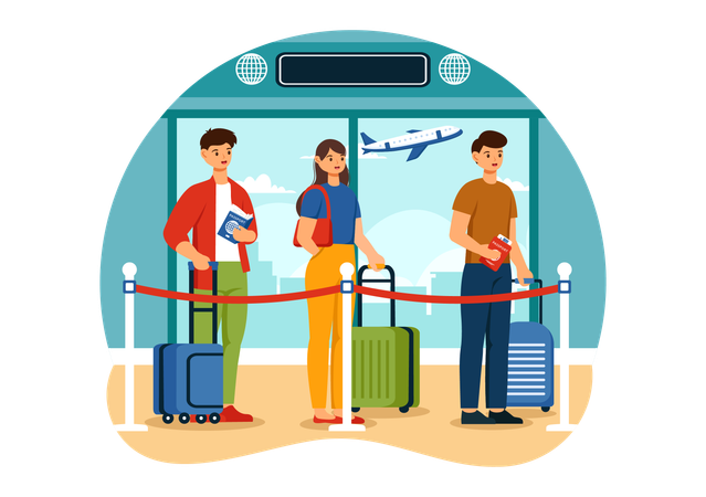 People standing in immigration queue  Illustration