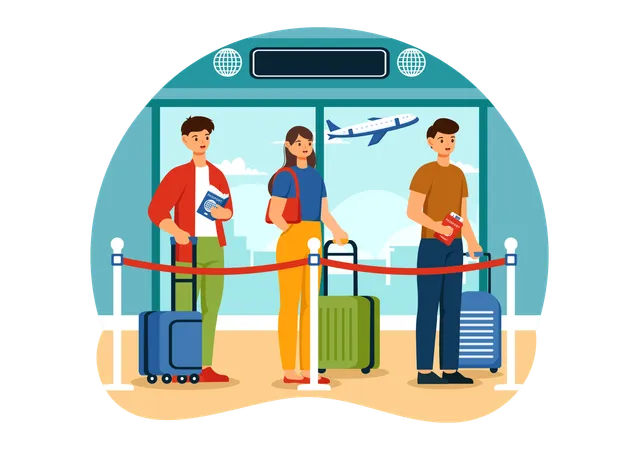 People standing in immigration queue  Illustration