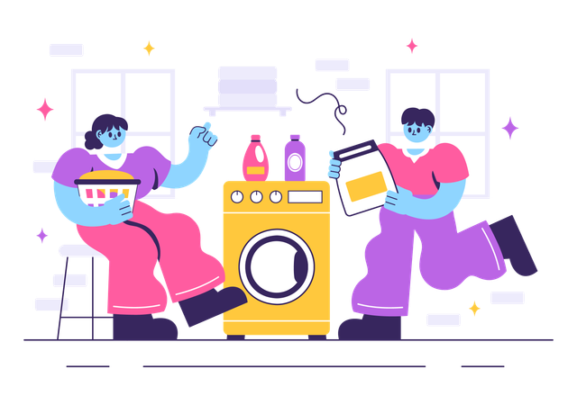 People standing in laundry room  Illustration
