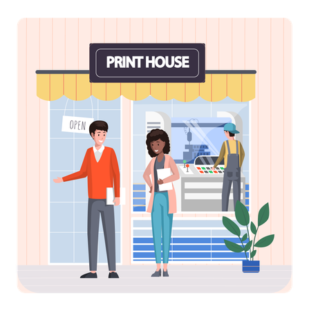 People standing in print house  Illustration