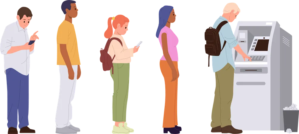Diverse People On Various Age Standing In Queue At Atm Waiting Terminal Self Service To Withdraw Money Cash Perform Different Financial Transactions Cryptocurrency Exchange Vector Illustration Illustration