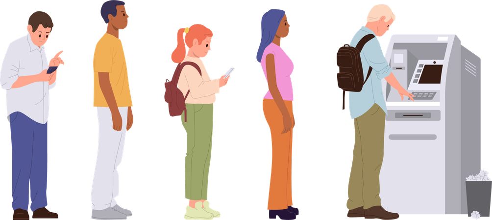 People standing in queue at atm to withdraw money cash  イラスト