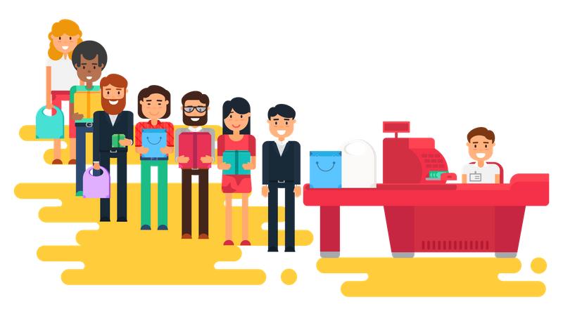 People standing in queue at Market checkout counter Illustration