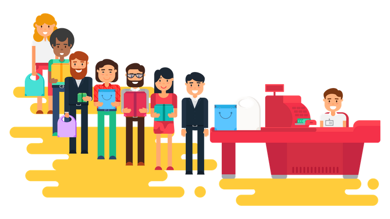 People standing in queue at Market checkout counter  Illustration