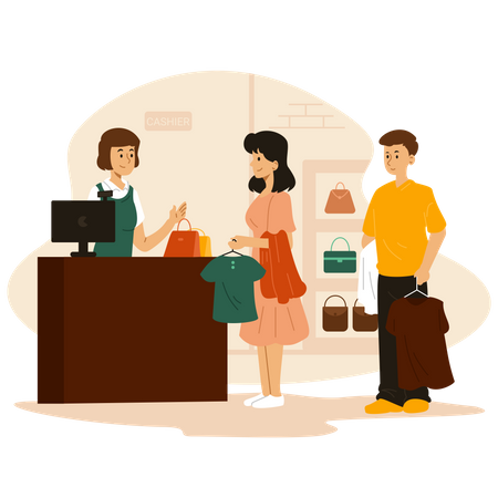 People standing in queue at store checkout counter  Illustration