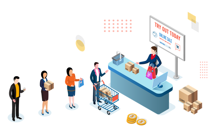 People standing in queue at store checkout counter  Illustration