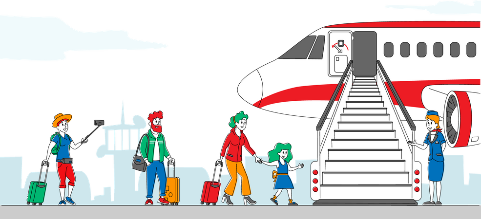 People standing in queue for boarding on an aeroplane  Illustration