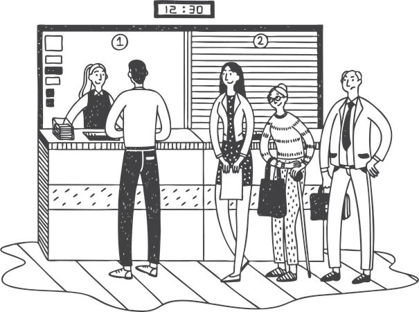 People standing in queue near bank counter  Illustration