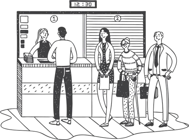 People standing in queue near bank counter  Illustration