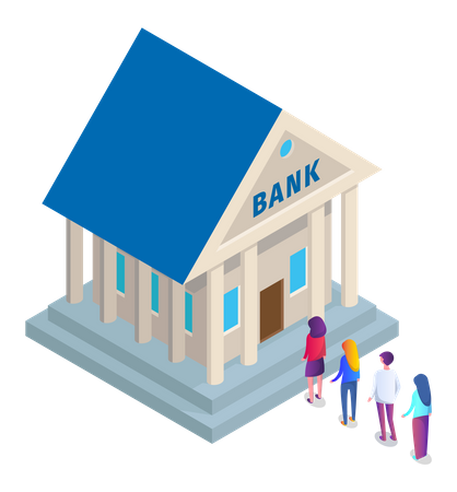 People standing in queue outside bank  Illustration