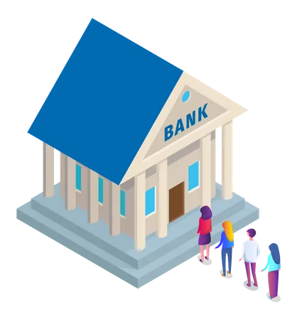 People standing in queue outside bank  Illustration