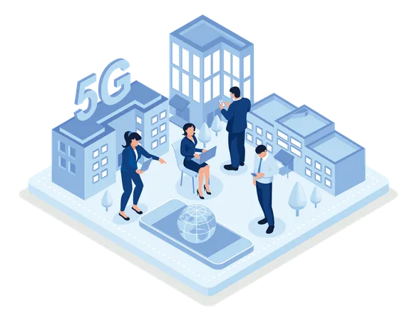 People  Standing In Smart City And Communicating With New Generation 5g Technology Network  Illustration