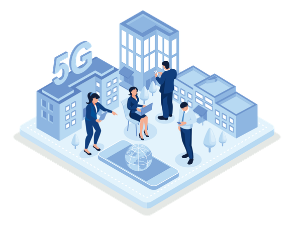 People  Standing In Smart City And Communicating With New Generation 5g Technology Network  Illustration