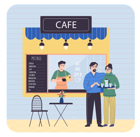 カフェの建物の近くに立っている人々  イラスト