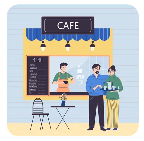 カフェの建物の近くに立っている人々  イラスト
