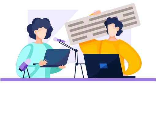 People standing near women with laptop and communicate  Illustration