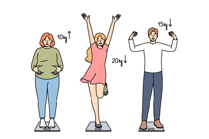 People standing on weighing scale  Illustration