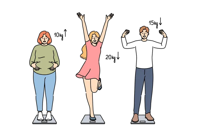 People standing on weighing scale  Illustration