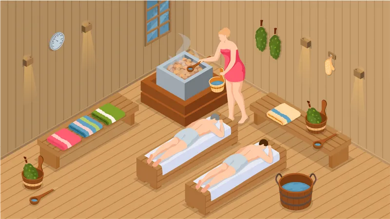 People Steaming In Sauna Concept Woman Wearing Bath Towel And Men Lie On Wooden Bench In Bath Heat Therapy Relaxation And Rest Relax And Steam In Traditional Finnish Sauna With Hot Stone Oven Illustration