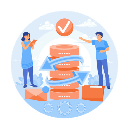 People store files on servers while Protect and back up data  Illustration