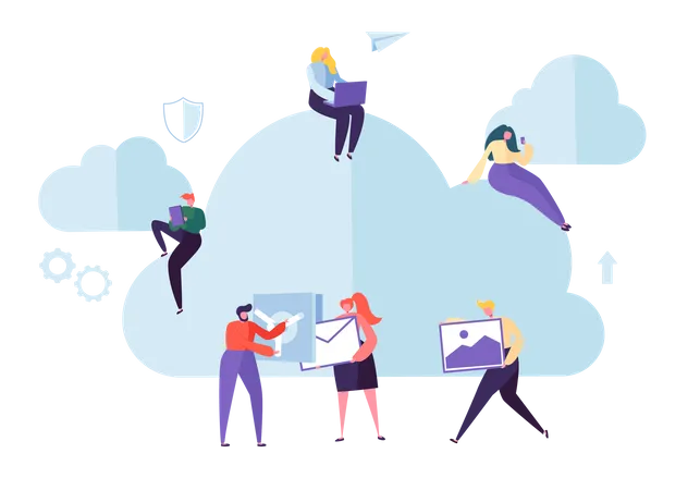 Cloud Storage Technology Man And Woman Working Together Sharing Data Information Transfer Folders Vector Illustration Illustration