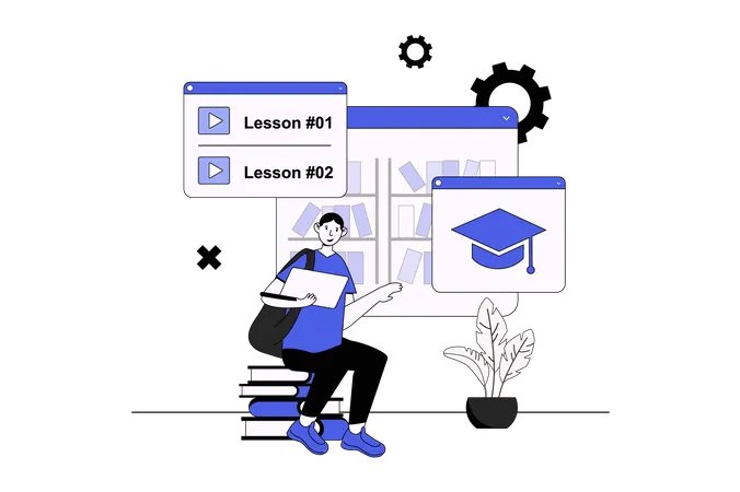 Learning Management System Web Concept With Character Scene In Flat Design People Studying At Online Courses Platform With Video Lessons Vector Illustration For Social Media Marketing Material Illustration