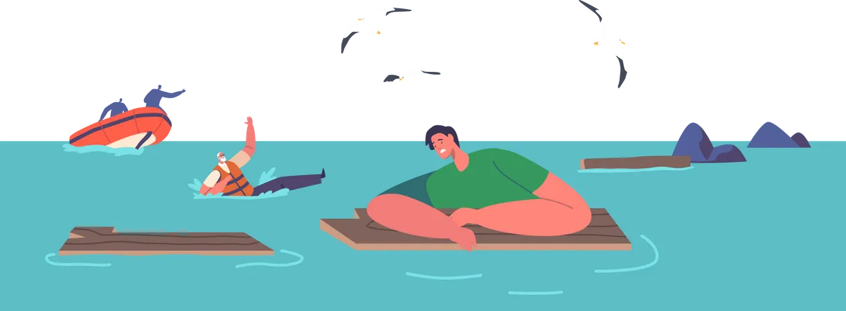 People suffering from shipwreck swimming on water Illustration
