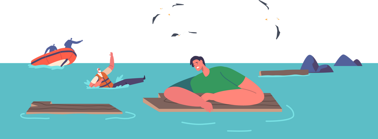 People suffering from shipwreck swimming on water  Illustration