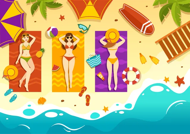 Sunbathing Vector Illustration Of People Lying On Chaise Lounge And Relaxing On Beach Summer Holidays In Flat Cartoon Hand Drawn Templates Illustration