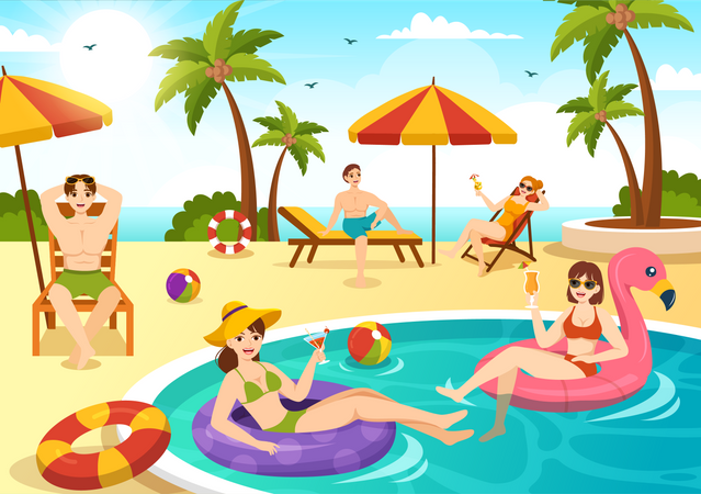 People Sunbathing At Beach  Illustration