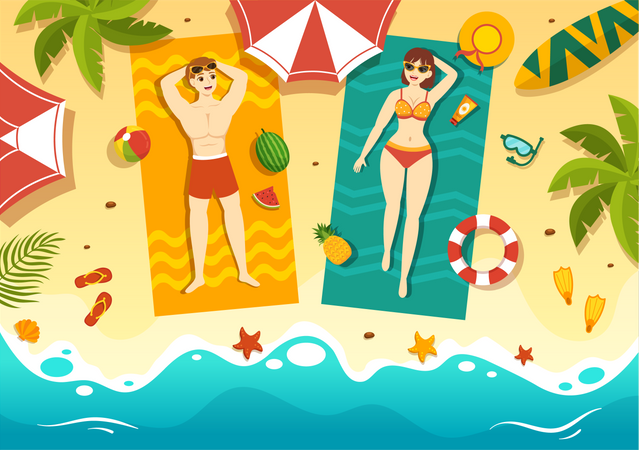 People Sunbathing At Beach  Illustration