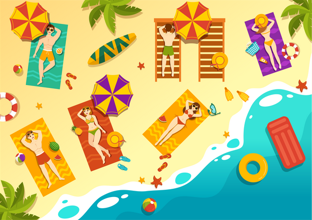 People Sunbathing At Beach  일러스트레이션