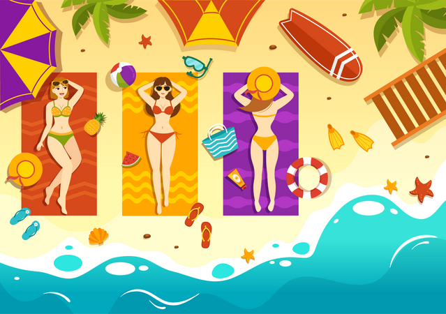 People Sunbathing At Beach  일러스트레이션