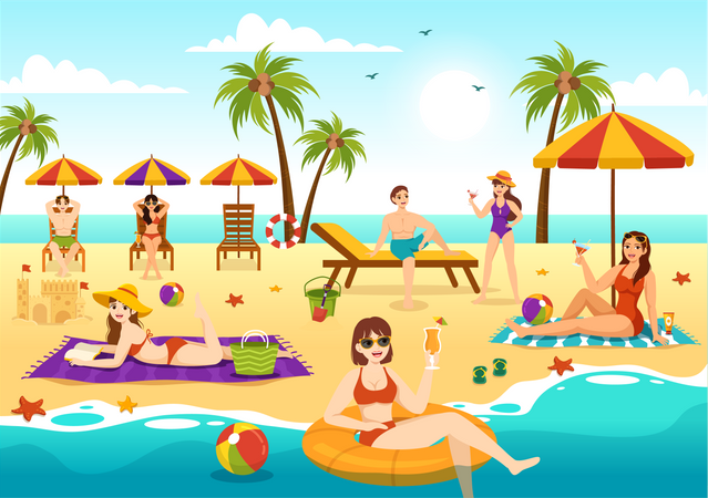 People Sunbathing At Beach  일러스트레이션