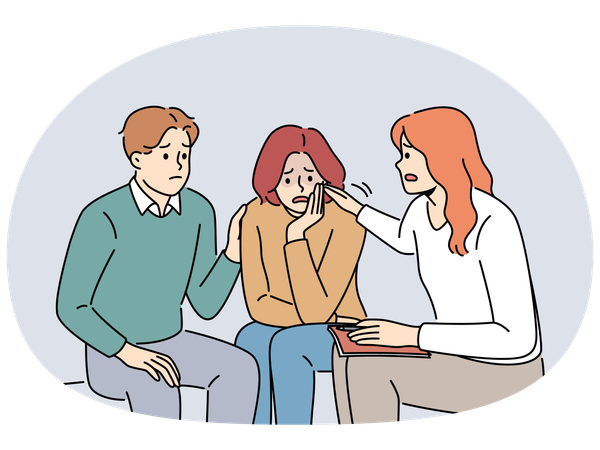 People support unhappy woman at group therapy  Illustration