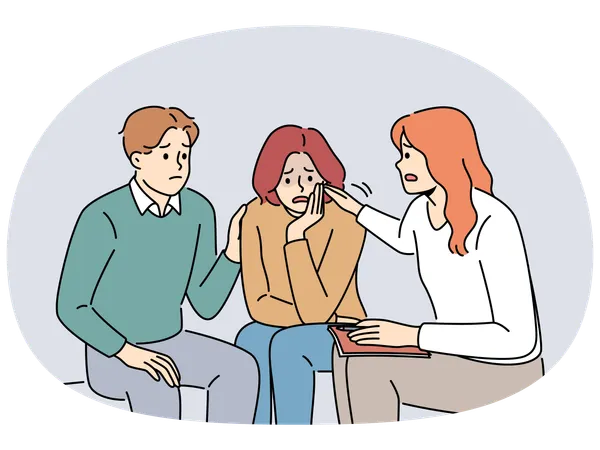 People support unhappy woman at group therapy  Illustration
