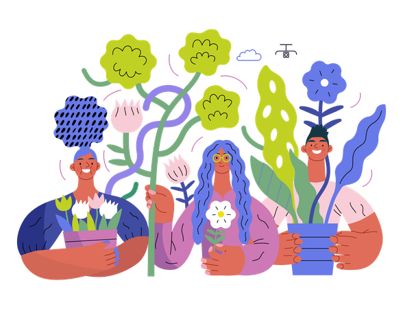 People surrounded by plants and flowers  Illustration