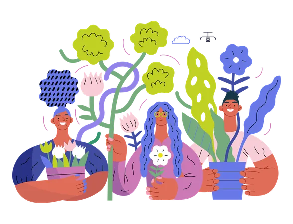 People surrounded by plants and flowers  Illustration