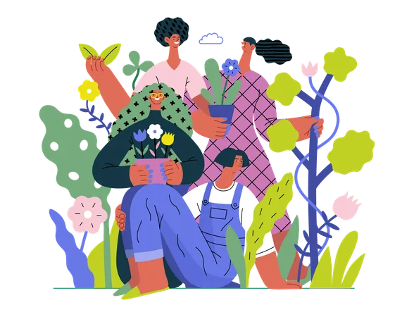 Greenery Ecology Modern Flat Vector Concept Illustration Of People Surrounded By Plants And Flowers Metaphor Of Environmental Sustainability And Protection Closeness To Nature Illustration