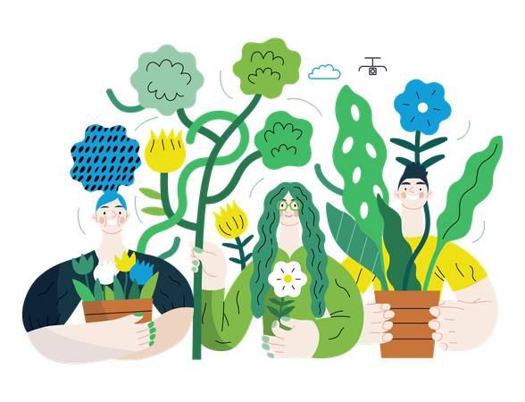 People surrounded by plants and flowers  Illustration